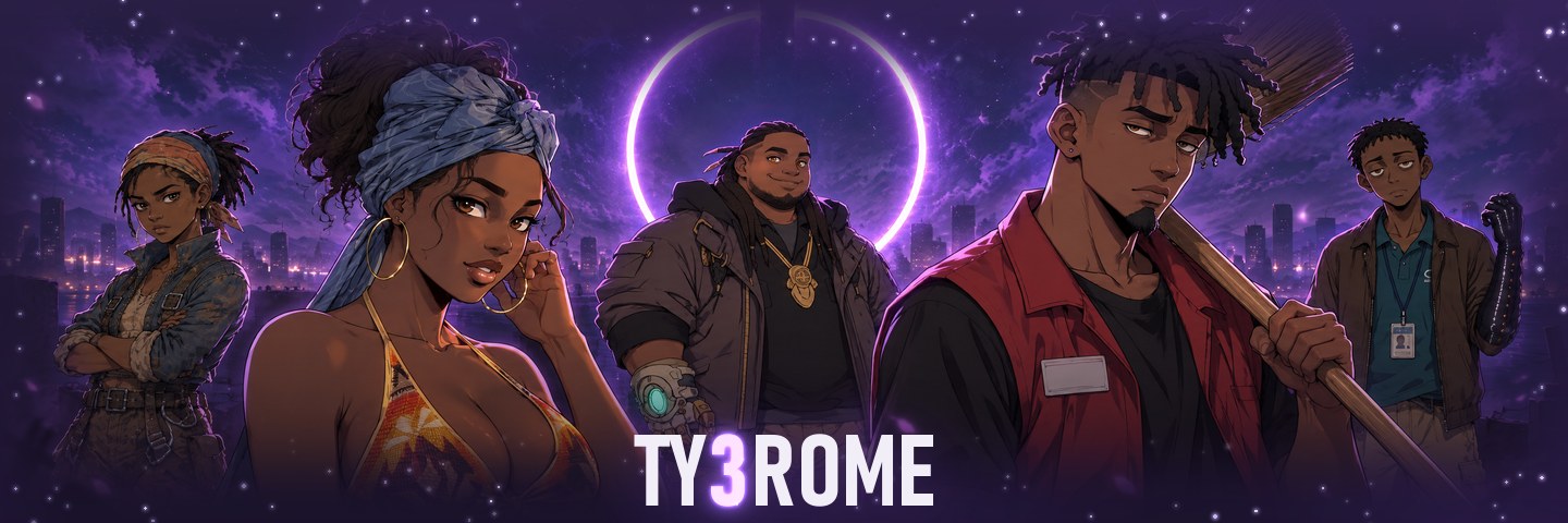 The TY3ROME cast of animated characters under a glowing ring